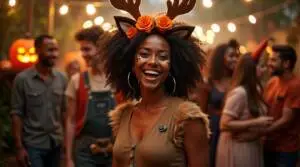 A woman dressed as "Venison Vickie" at a Halloween party. She wears a fitted brown dress with faux fur accents, resembling deer fur, and a green belt.