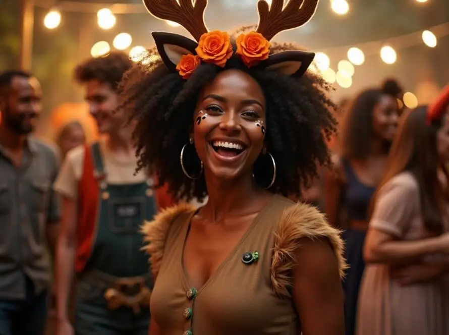 A woman dressed as "Venison Vickie" at a Halloween party. She wears a fitted brown dress with faux fur accents, resembling deer fur, and a green belt.