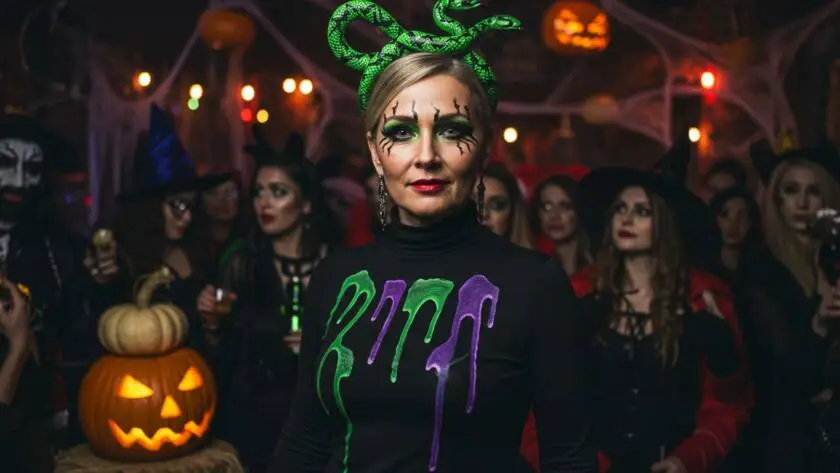 A woman dressed as "Venom Vickie" stands confidently at a lively Halloween party. She wears a fitted black bodysuit decorated with vibrant green and purple accents that mimic dripping venom and snake scales.
