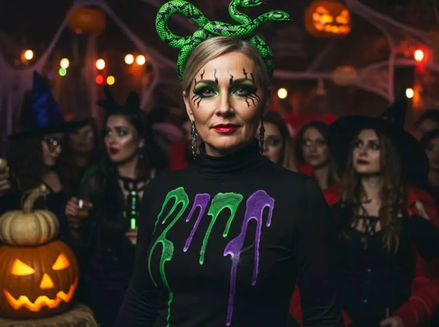 A woman dressed as "Venom Vickie" stands confidently at a lively Halloween party. She wears a fitted black bodysuit decorated with vibrant green and purple accents that mimic dripping venom and snake scales.