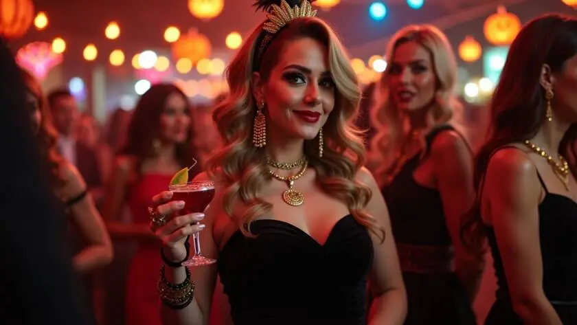A woman dressed as "Vice Vickie" stands confidently at a lively Halloween party. She wears a fitted black dress that hugs her figure, exuding glamour and sophistication.