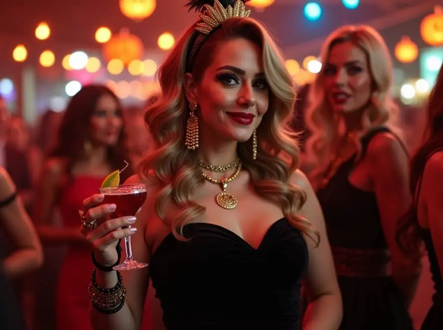 A woman dressed as "Vice Vickie" stands confidently at a lively Halloween party. She wears a fitted black dress that hugs her figure, exuding glamour and sophistication.