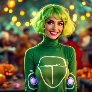 A woman dressed as "Volkswagen Vickie" at a Halloween party. She wears a vibrant dress that resembles a classic Volkswagen Beetle, complete with a painted cardboard front featuring the VW logo and headlights.