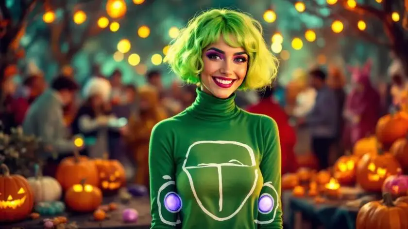 A woman dressed as "Volkswagen Vickie" at a Halloween party. She wears a vibrant dress that resembles a classic Volkswagen Beetle, complete with a painted cardboard front featuring the VW logo and headlights.