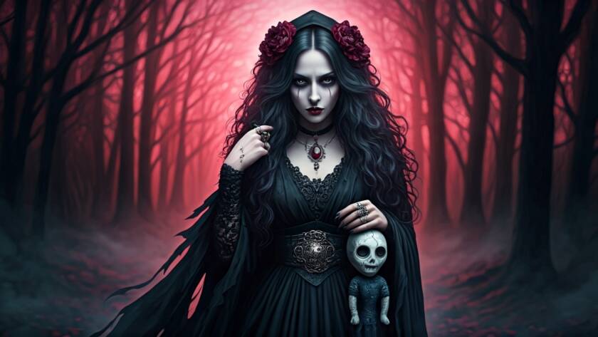 Vengeful Vickie: a ghostly figure in a tattered black dress, dark makeup, holding a eerie doll in a misty forest.