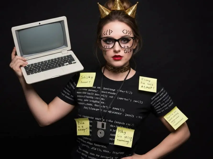 A vibrant Halloween party scene featuring a person dressed in a unique "Legacy Code" costume.