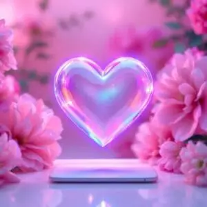 Holographic Valentine heart above a sleek desk, futuristic workspace with glowing neon accents, soft pink and purple hues, serene and romantic atmosphere, high-resolution digital render, clean lines, advanced tech.
