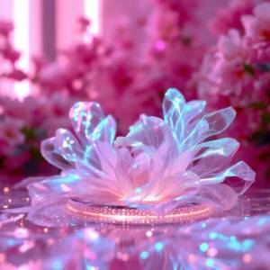 Holographic lace above a sleek desk, futuristic workspace with glowing neon accents, soft pink and purple hues, serene and romantic atmosphere, high-resolution digital render, clean lines, advanced tech.