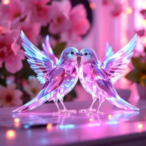 Holographic pair of love birds above a sleek desk, futuristic workspace with glowing neon accents, soft pink and purple hues, serene and romantic atmosphere, high-resolution digital render, clean lines, advanced tech.