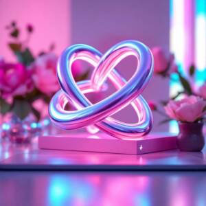 Holographic love knot above a sleek desk, futuristic workspace with glowing neon accents, soft pink and purple hues, serene and romantic atmosphere, high-resolution digital render, clean lines, advanced tech. Love knots have a series of winding and interlacing loops with no beginning and no end. A symbol of everlasting love, love knots were made from ribbon or drawn on paper.