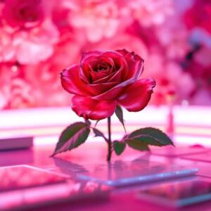 Holographic bright red rose above a sleek desk, futuristic workspace with glowing neon accents, soft red and purple hues, serene and romantic atmosphere, high-resolution digital render, clean lines, advanced tech. 