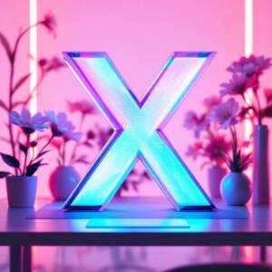 Holographic X above a sleek desk, futuristic workspace with glowing neon accents, soft pinks and purple hues, serene and romantic atmosphere, high-resolution digital render, clean lines, advanced tech. 
