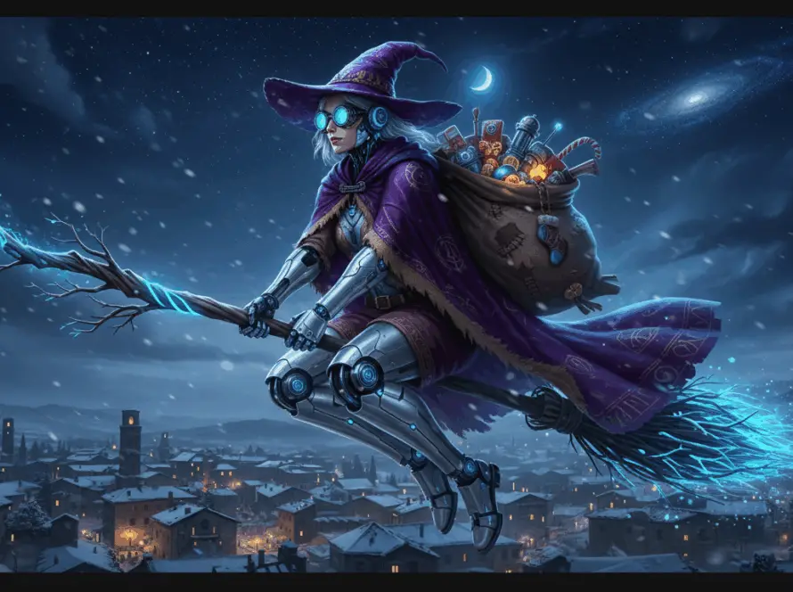 La Befana is a beloved Italian figure known as the "Christmas Witch" who is said to fly on a broomstick to deliver gifts to children on the night before the Feast of the Epiphany, January 6th.