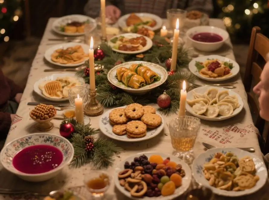 The Twelve-Dish Christmas Supper is a tradition, particularly in Central and Eastern Europe, where a special meatless Christmas Eve meal consists of 12 courses.