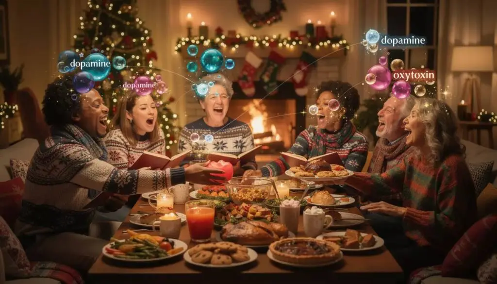 Holiday cheer collage with lights, music, food, and joy, highlighting the science of happiness and connection.